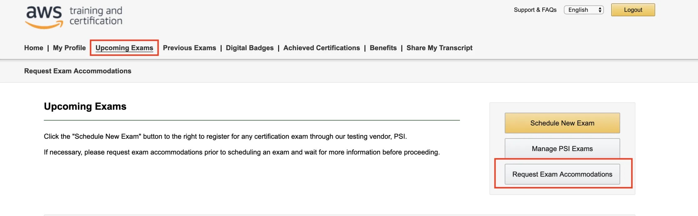 Tela do certmetrics mostrando o botão Request Exam Accommodations