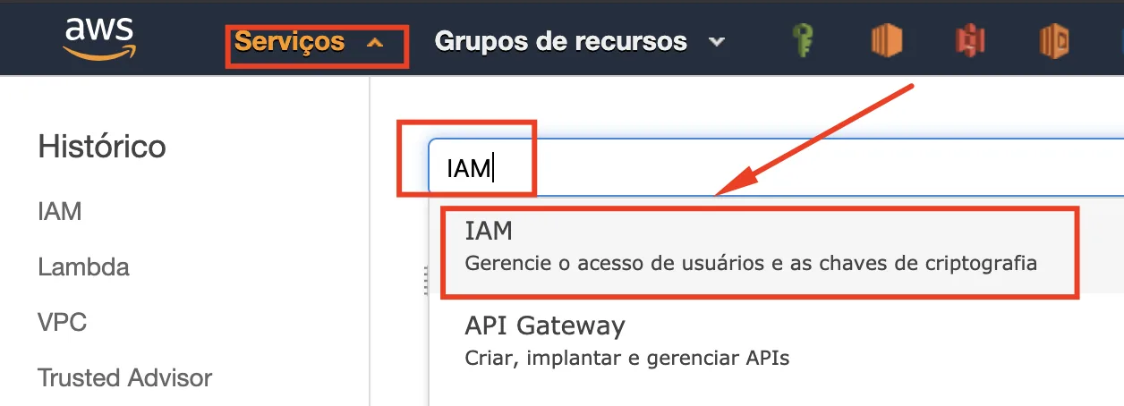 Console AWS — acessando o serviço IAM
