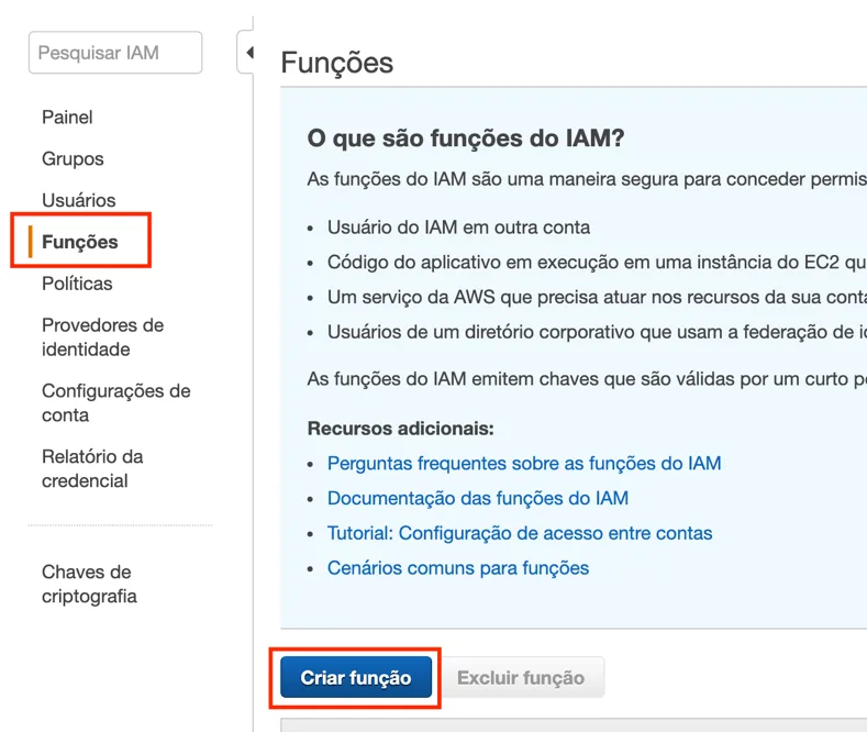 IAM — menu Funções e botão Criar Função