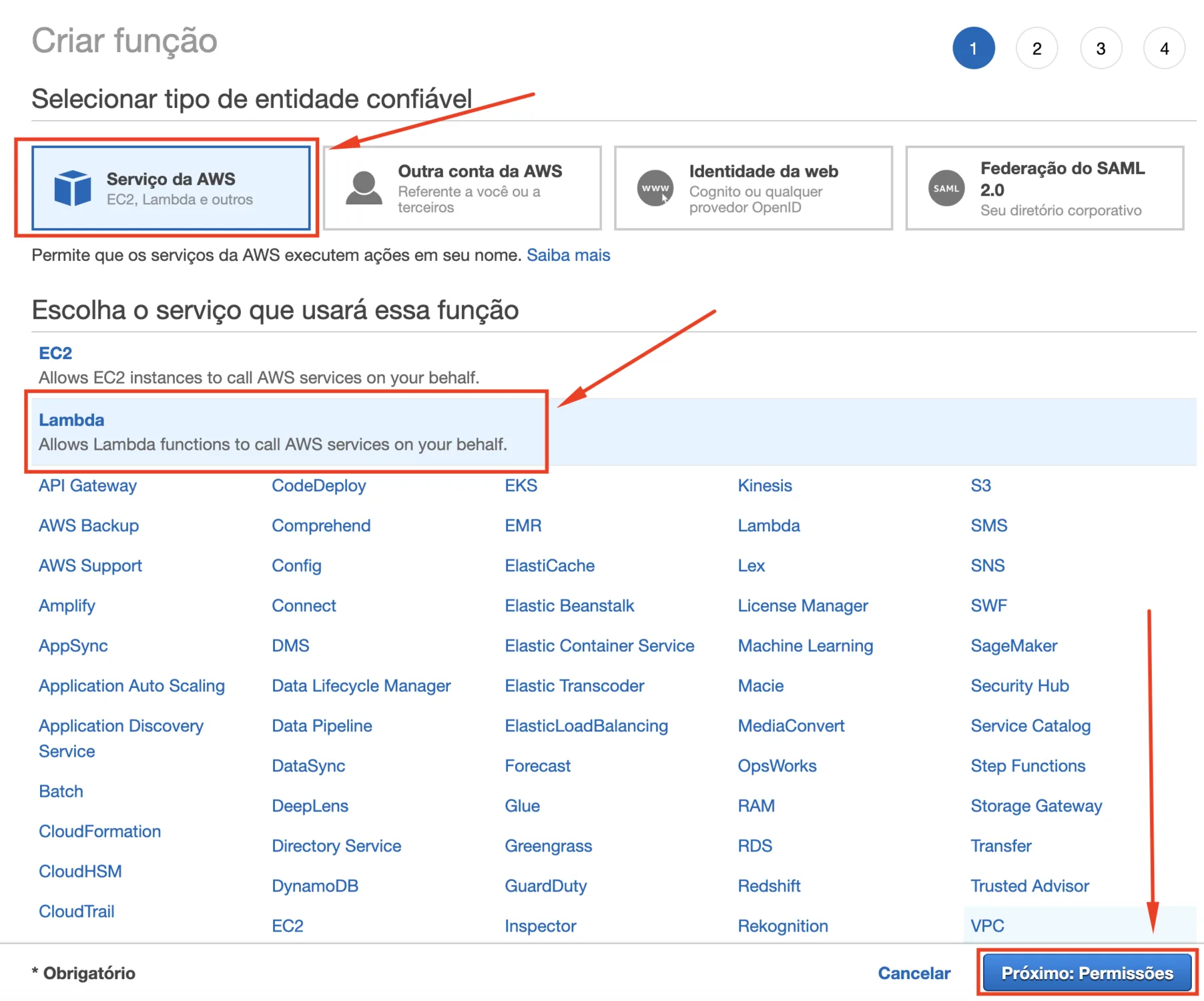 Criação de função IAM — selecionando serviço Lambda