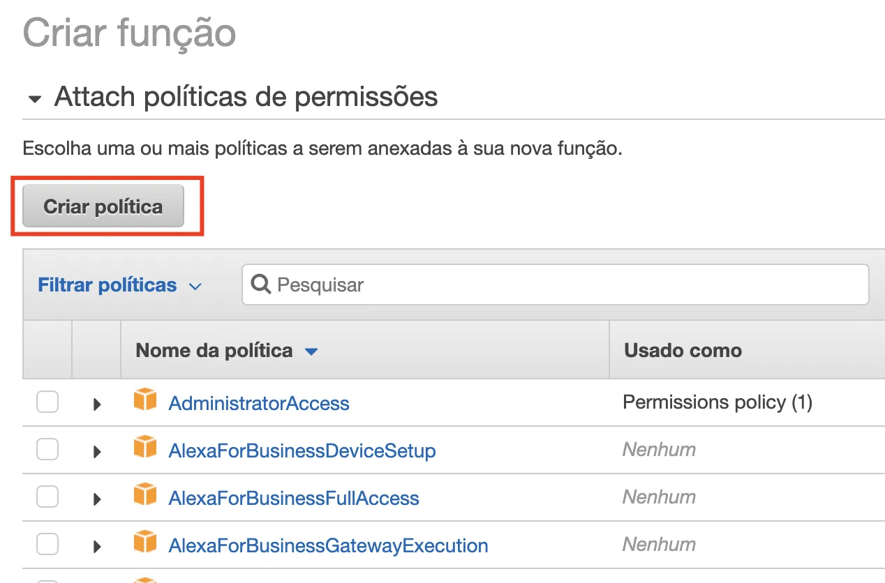 Tela de permissões — botão Criar política