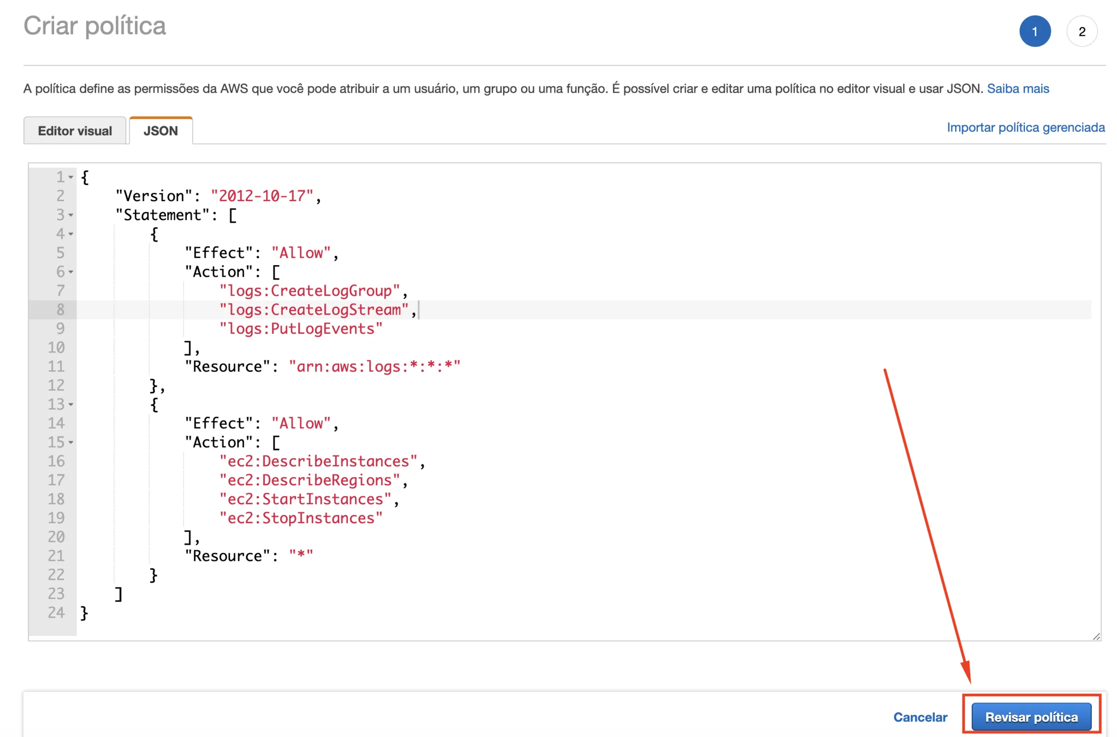 Política JSON com permissões para EC2 e CloudWatch Logs