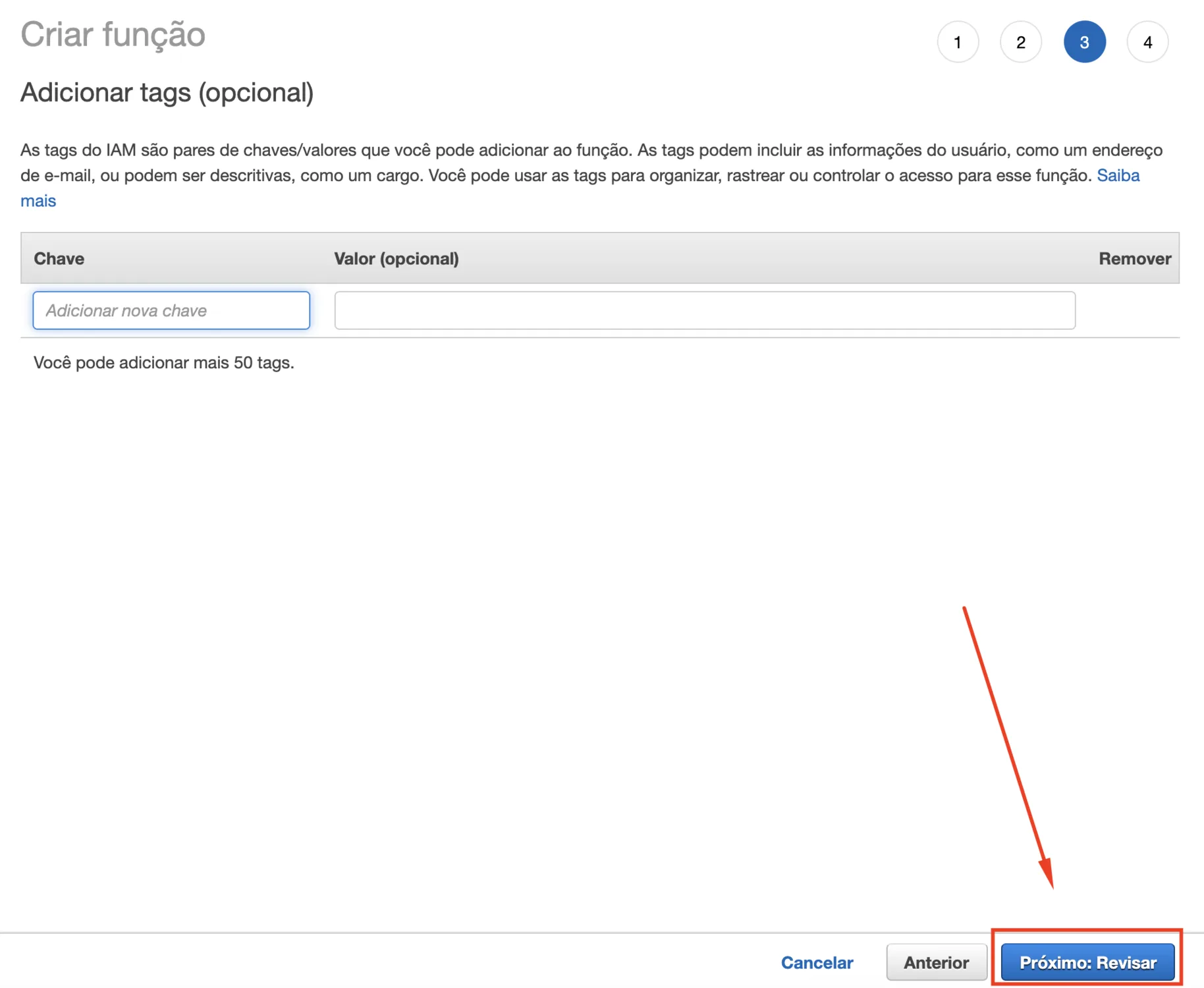 Tela de TAGs da função IAM — pular para revisão
