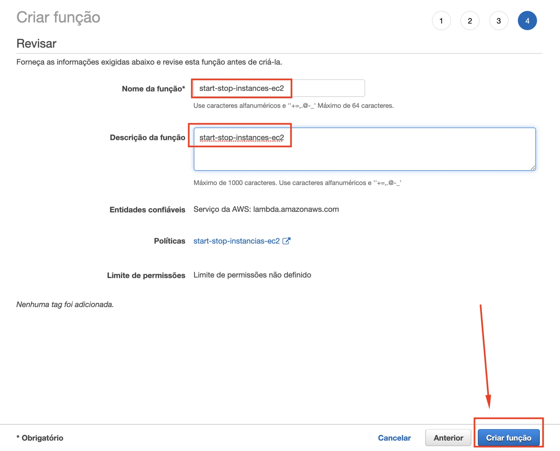 Definindo nome da função IAM — start-stop-instances-ec2