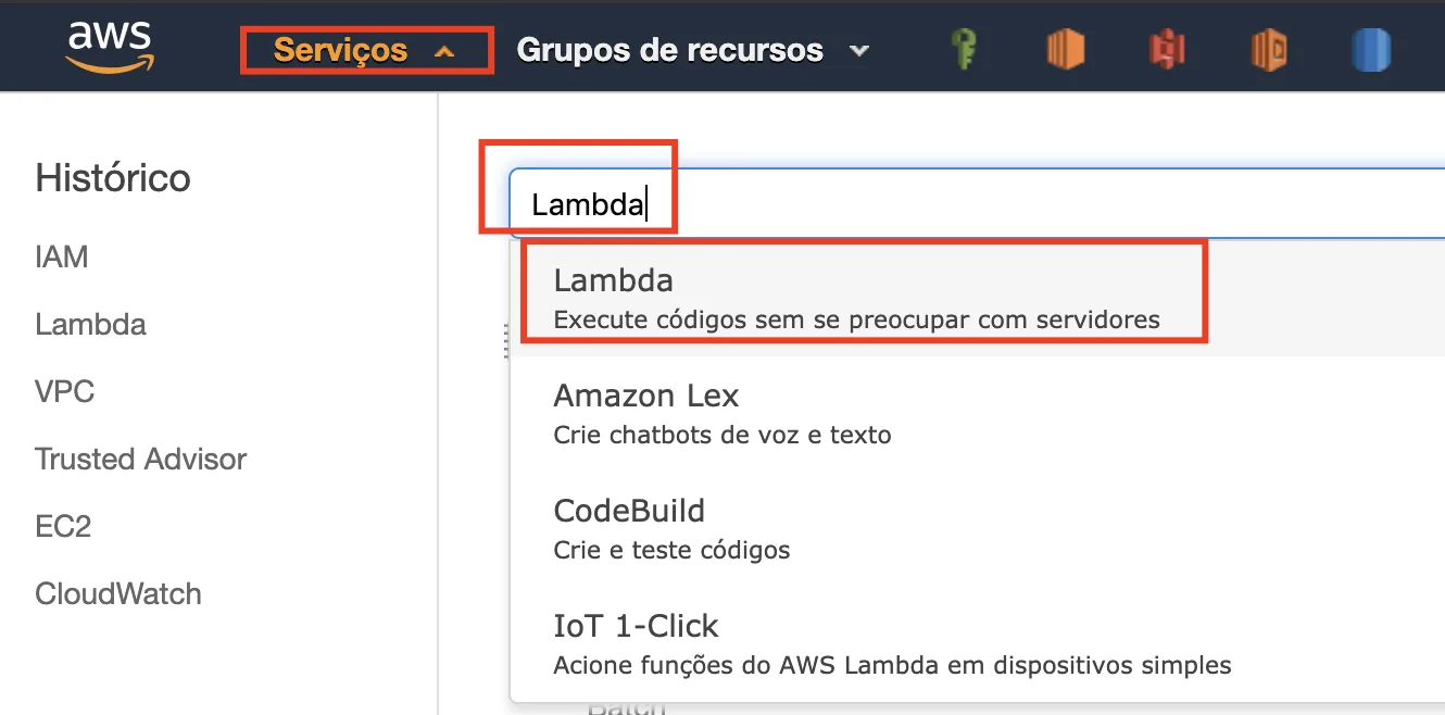 Console AWS — acessando o serviço Lambda