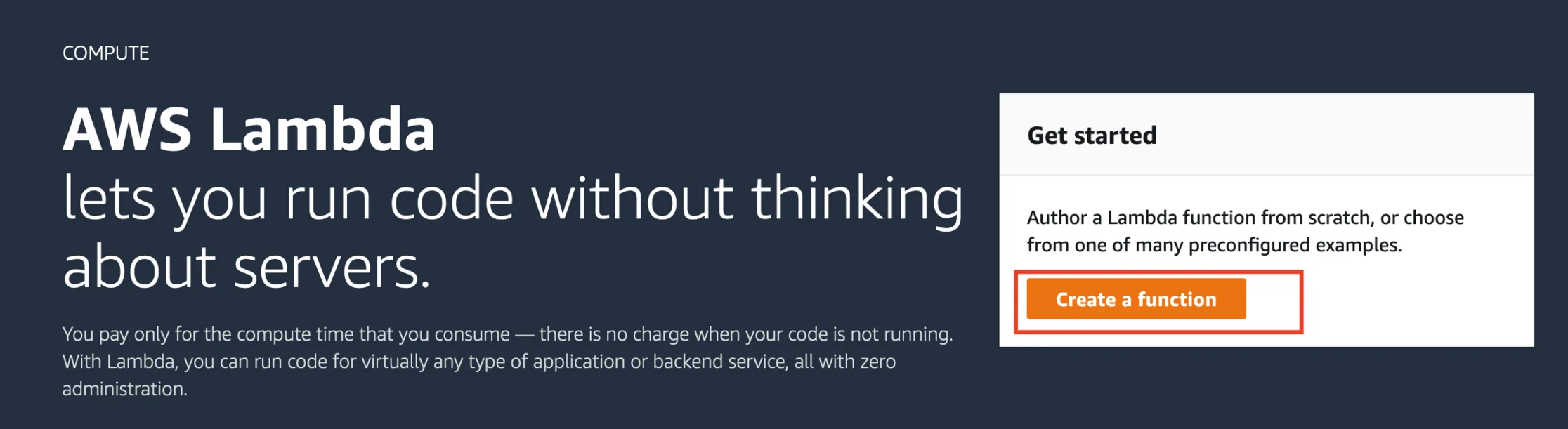 Lambda — botão Create Function
