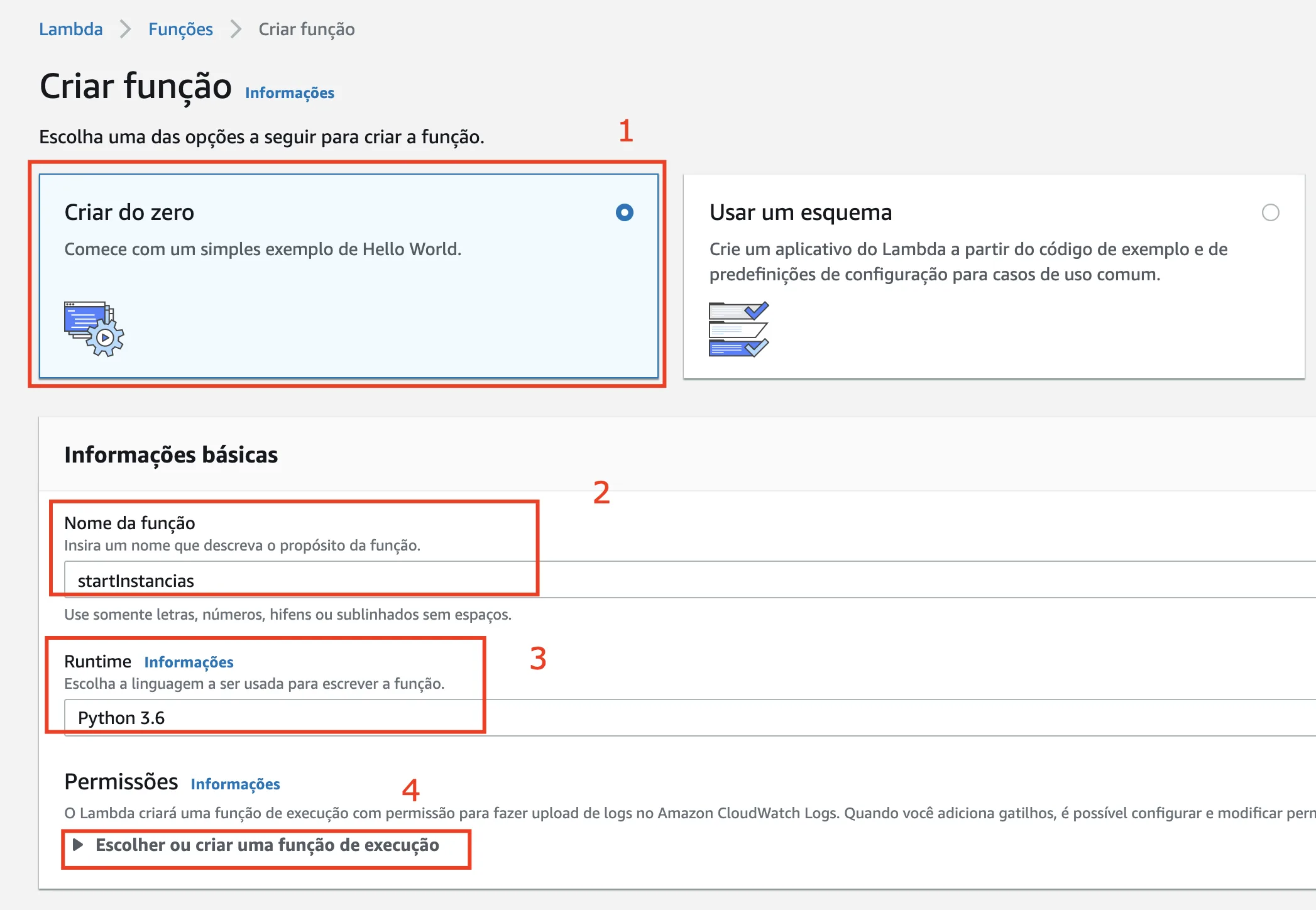 Preenchendo informações da função Lambda — nome e runtime Python 3.6