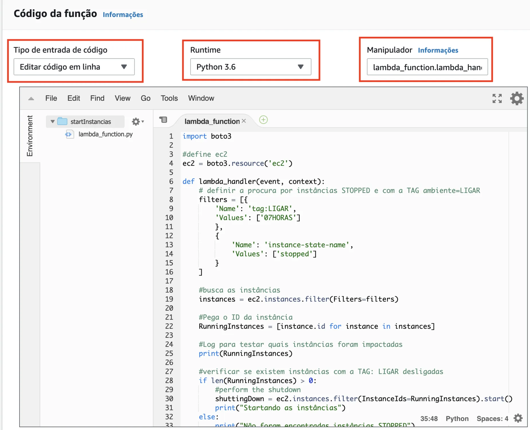Editor de código da função Lambda
