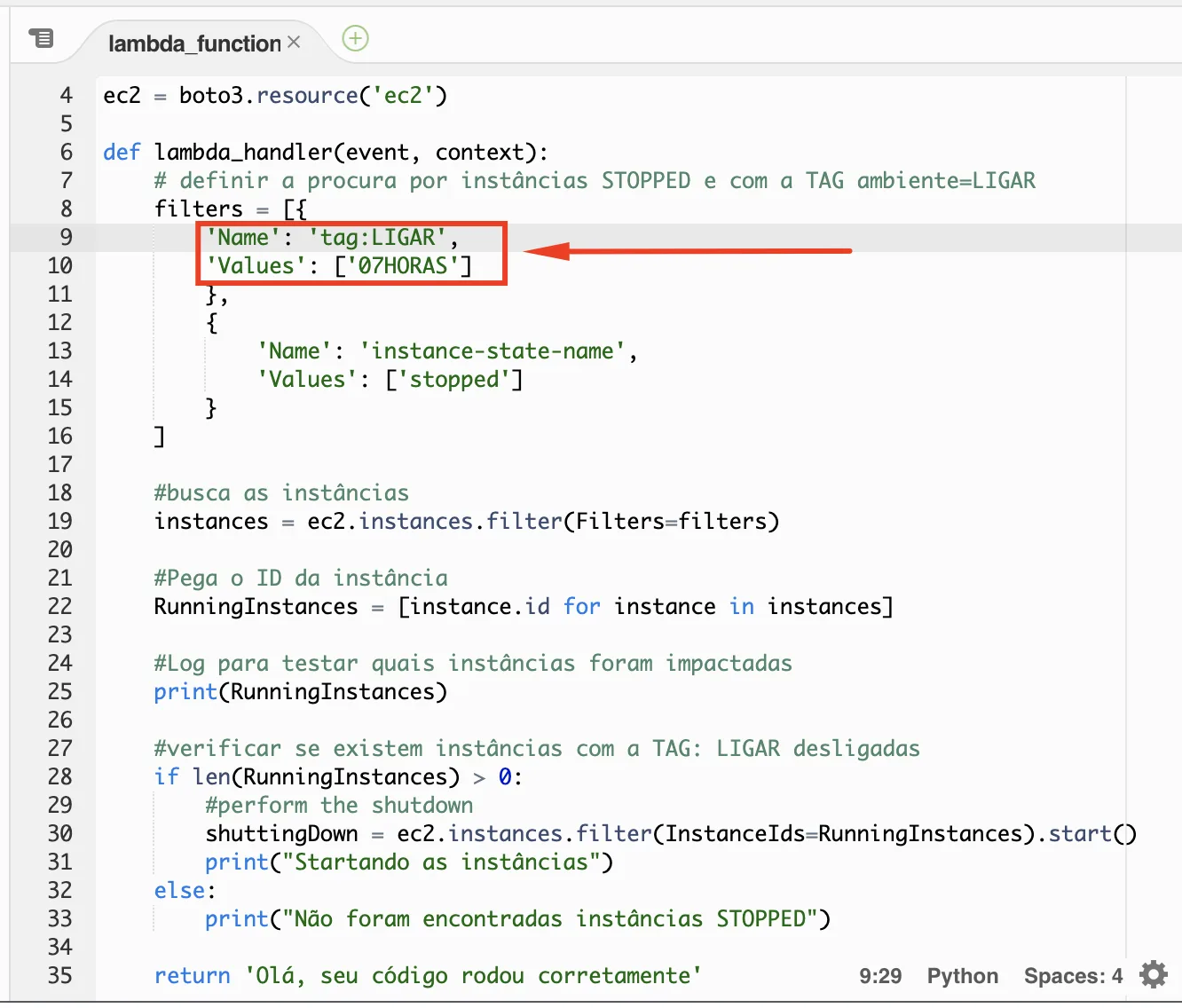 Código Python destacando TAG LIGAR e VALOR 07HORAS