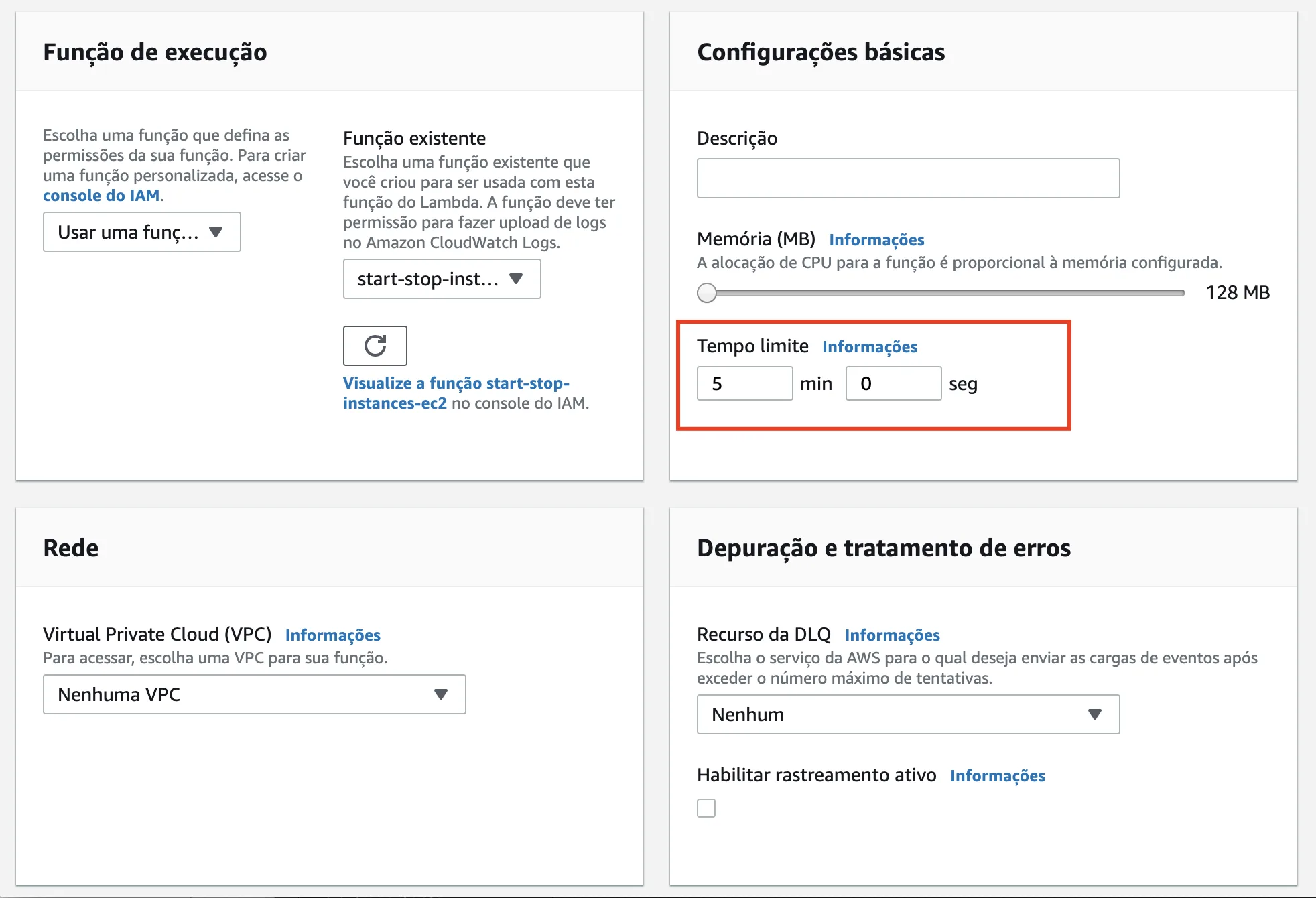 Configurações básicas da Lambda — timeout de 5 minutos