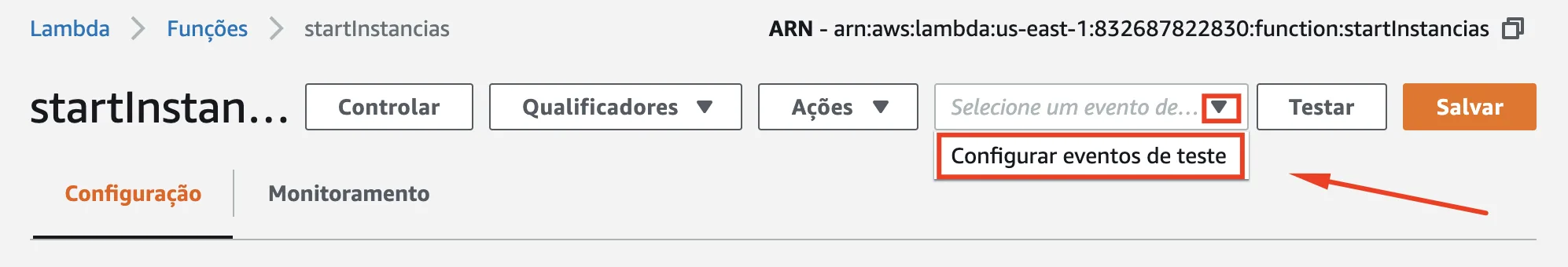Menu para configurar eventos de teste na Lambda