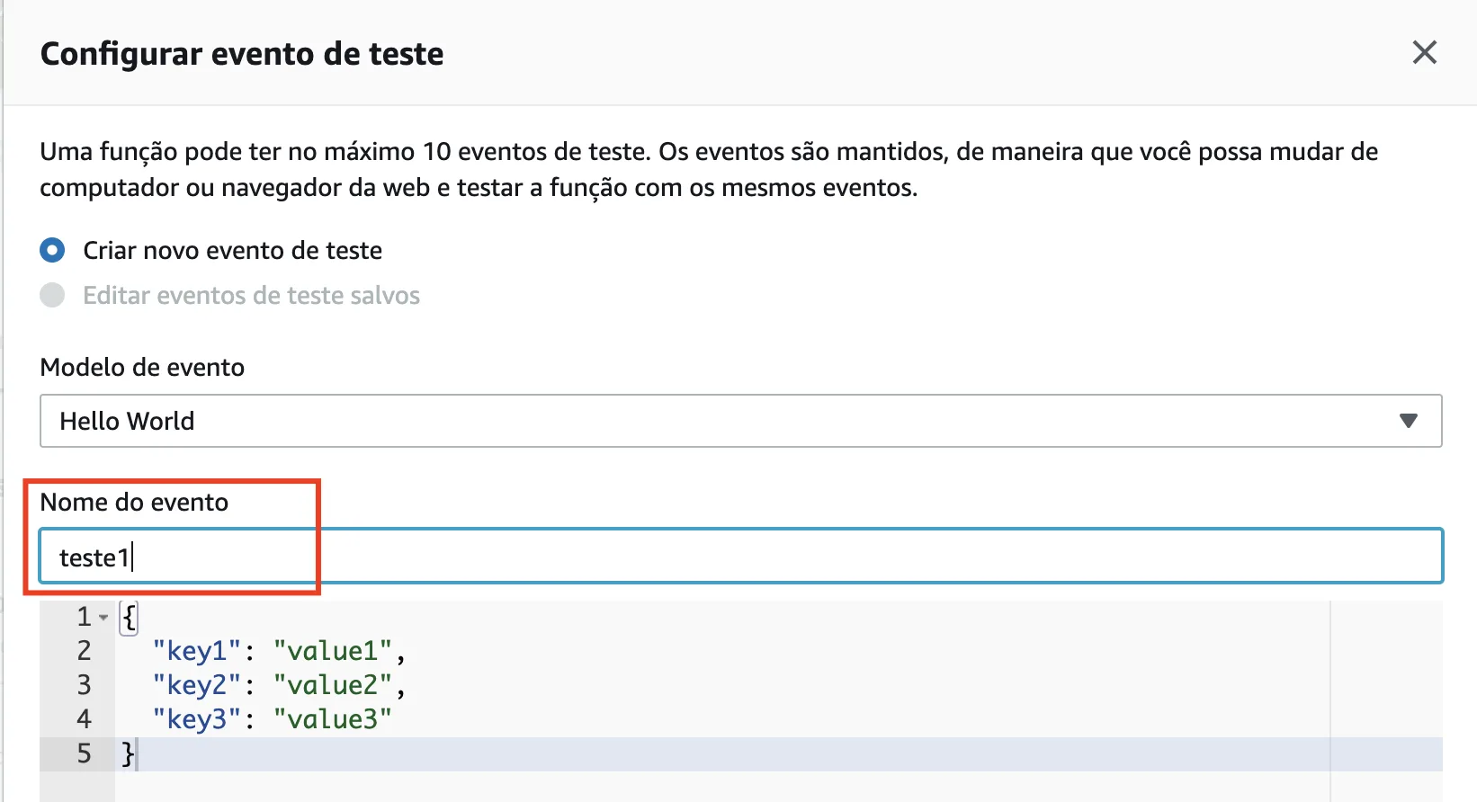 Configurando evento de teste — nome teste1