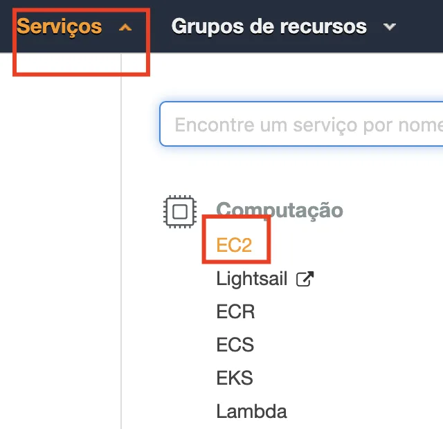 Console AWS — acessando o serviço EC2