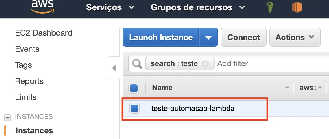 Filtrando instância EC2 para teste de automação