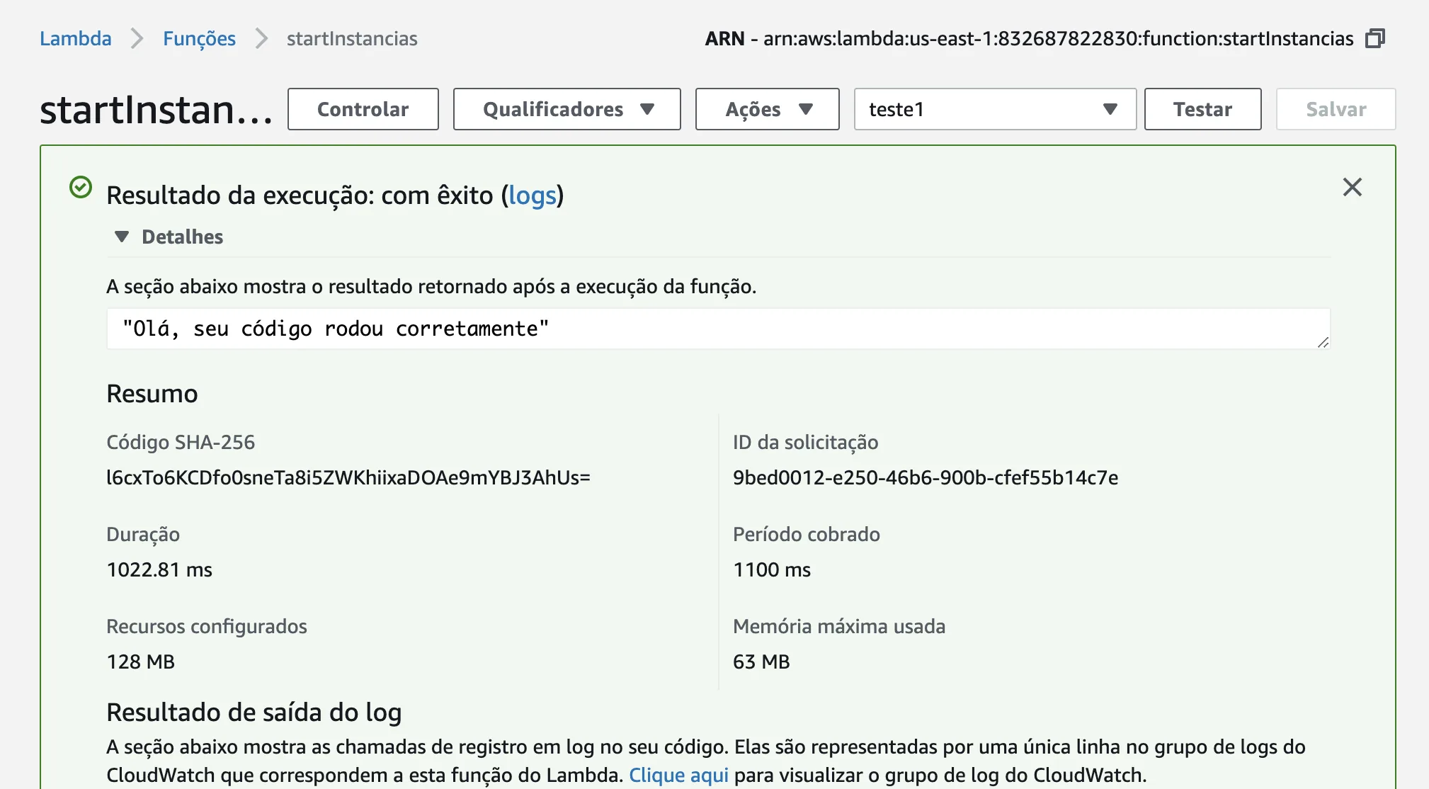 Resultado do teste da Lambda — execução com sucesso