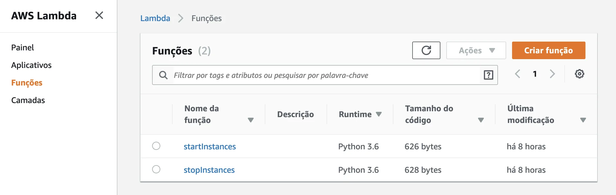 Home do Lambda com duas funções — start e stop