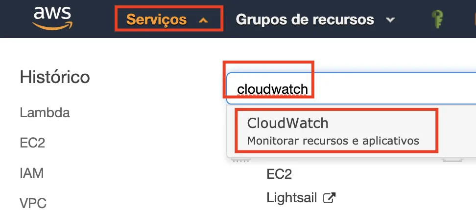 Console AWS — acessando o serviço CloudWatch