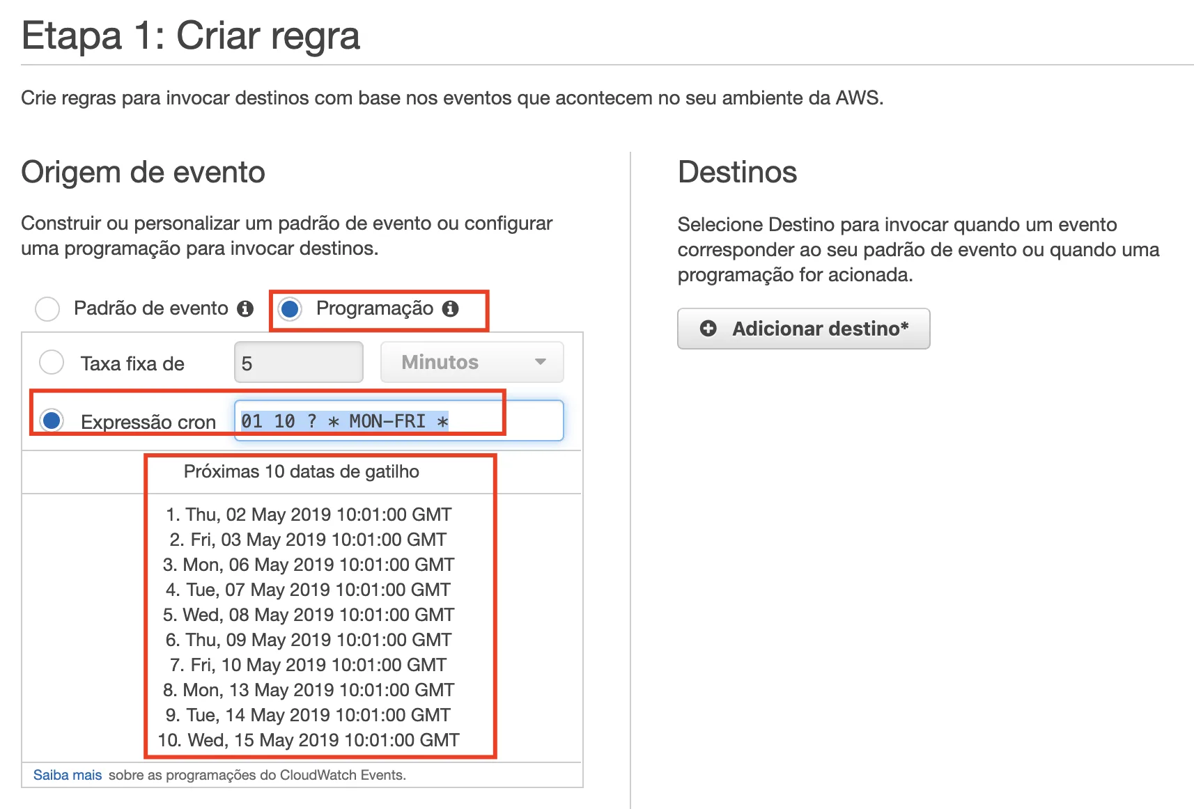 Configuração da regra CloudWatch — expressão CRON para segunda a sexta