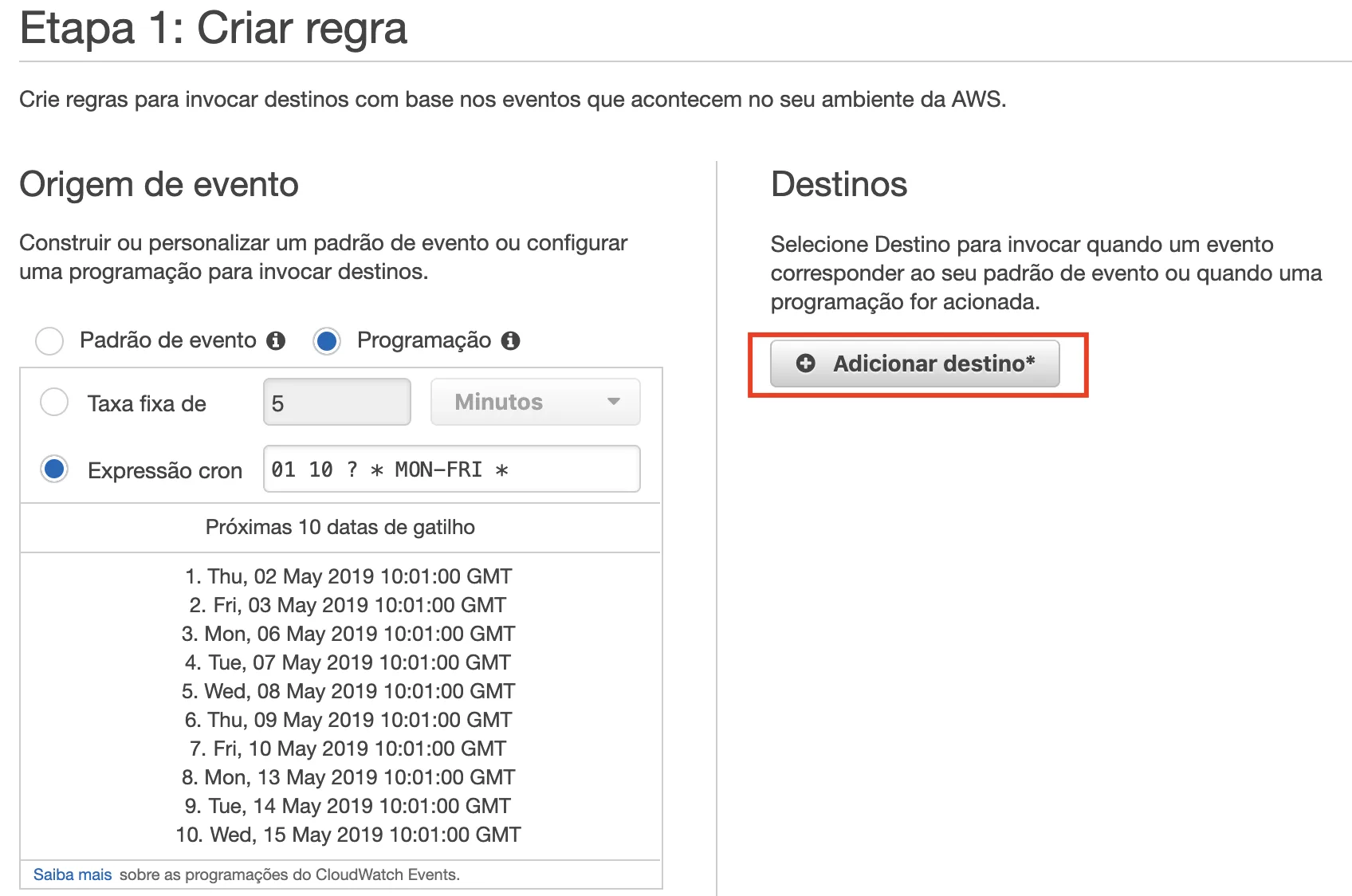Adicionando destino na regra do CloudWatch — função Lambda
