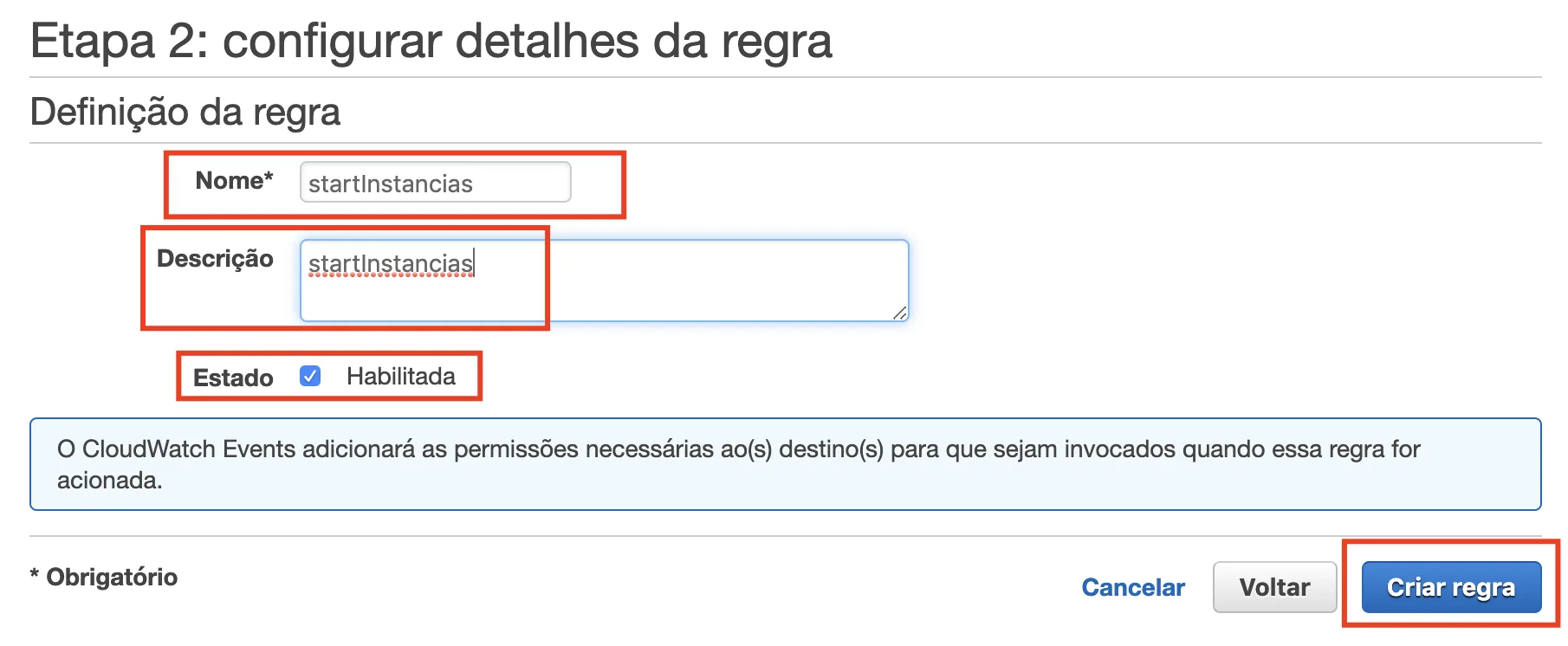 Definindo nome e descrição da regra do CloudWatch
