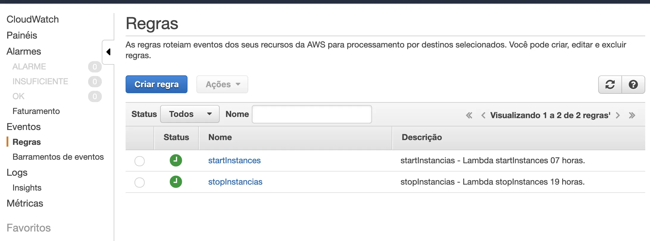 CloudWatch — duas regras configuradas para start e stop