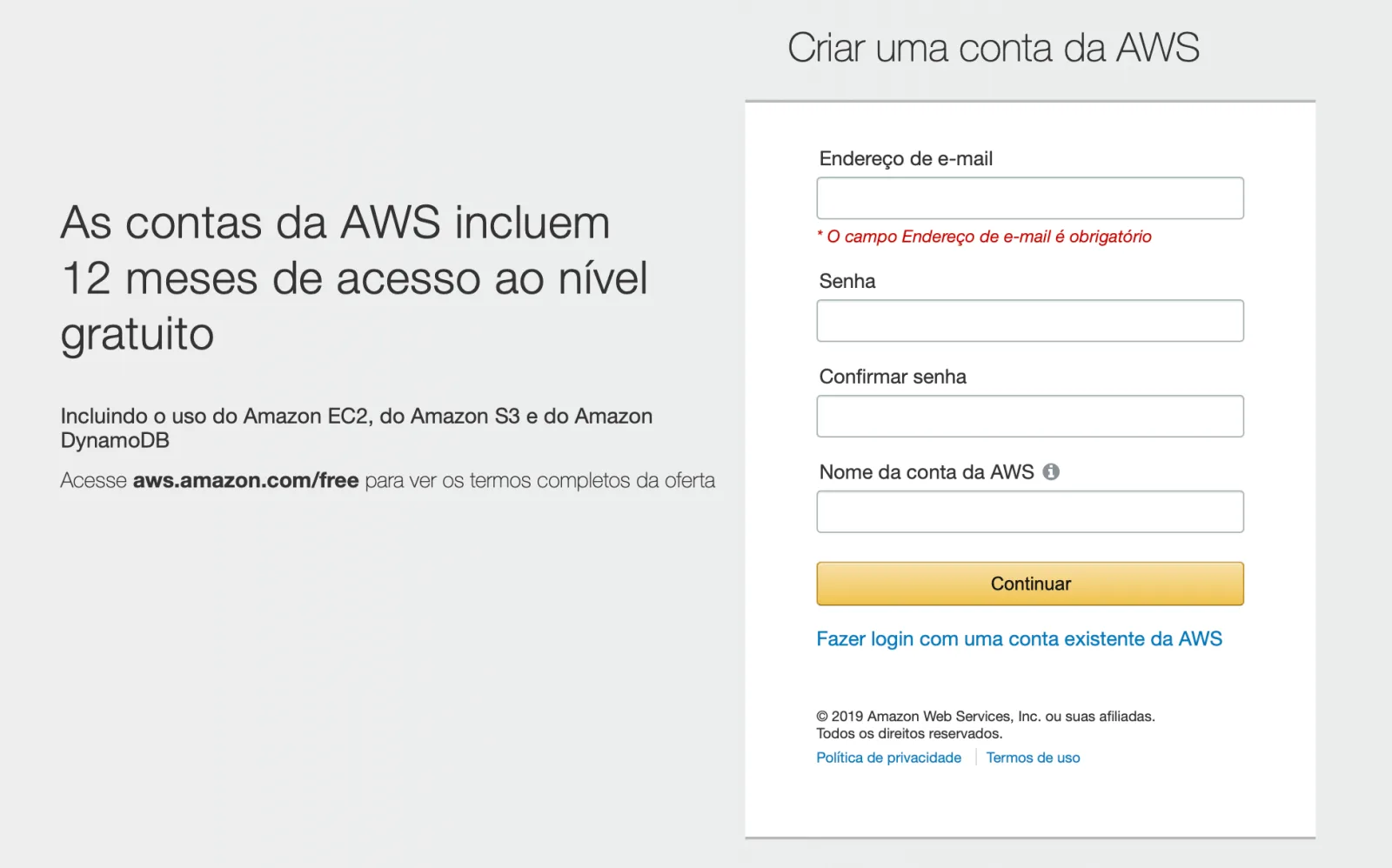Formulário de criação de conta AWS com campos de e-mail, senha e nome da conta