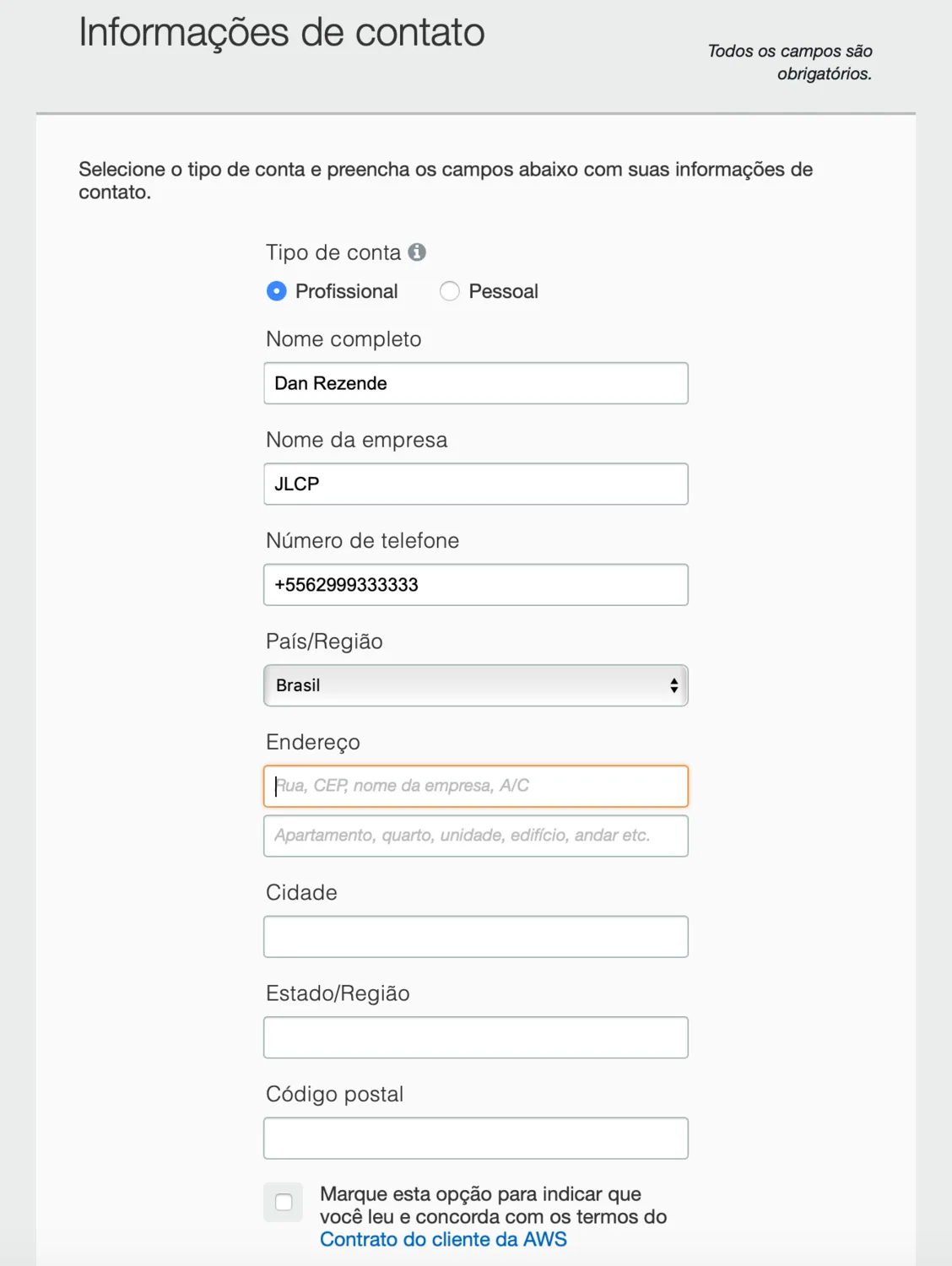 Formulário de informações de contato da conta AWS