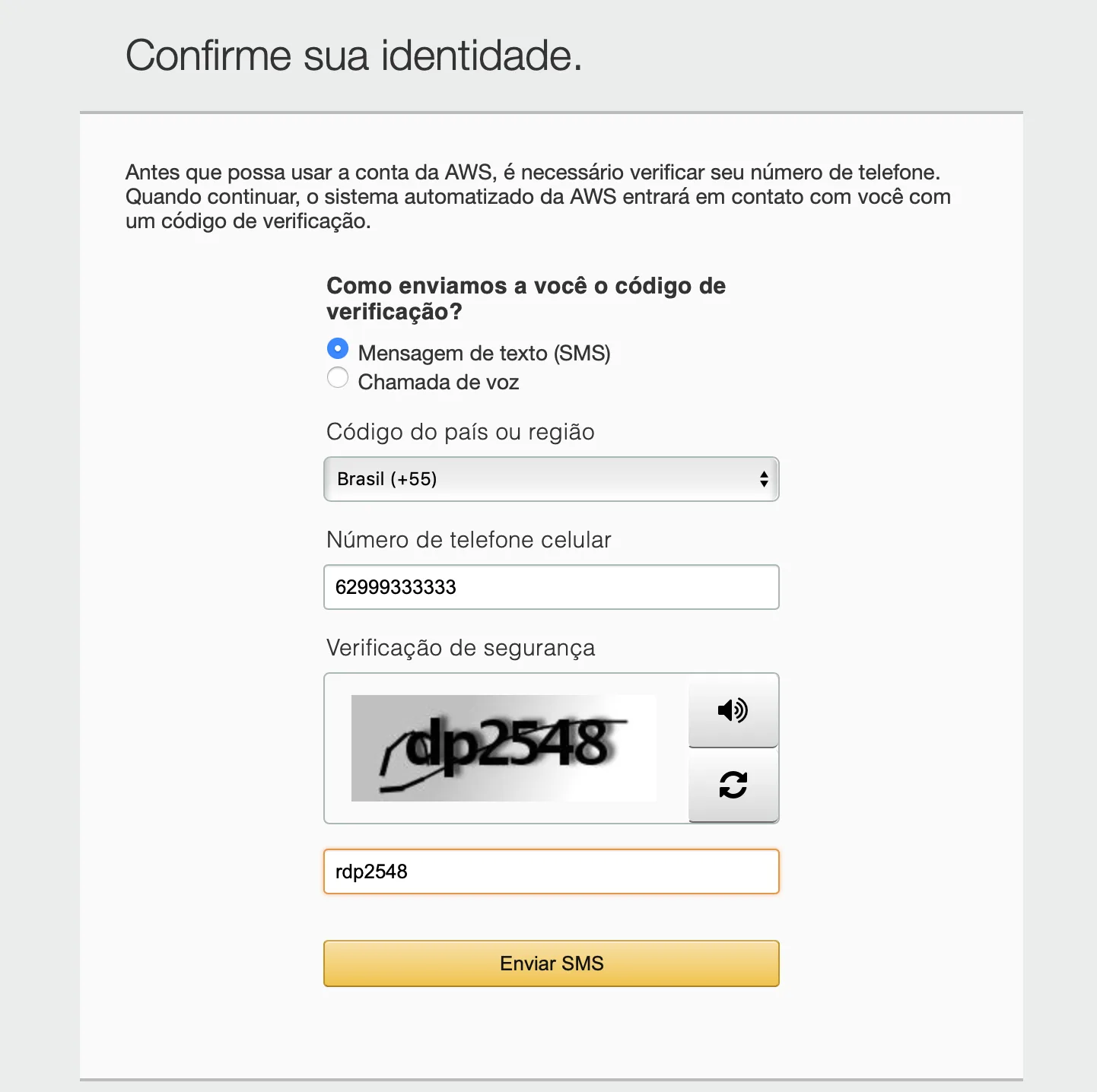 Tela de confirmação de telefone da conta AWS