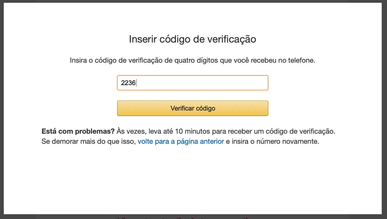 Pop-up para inserir o código de verificação SMS