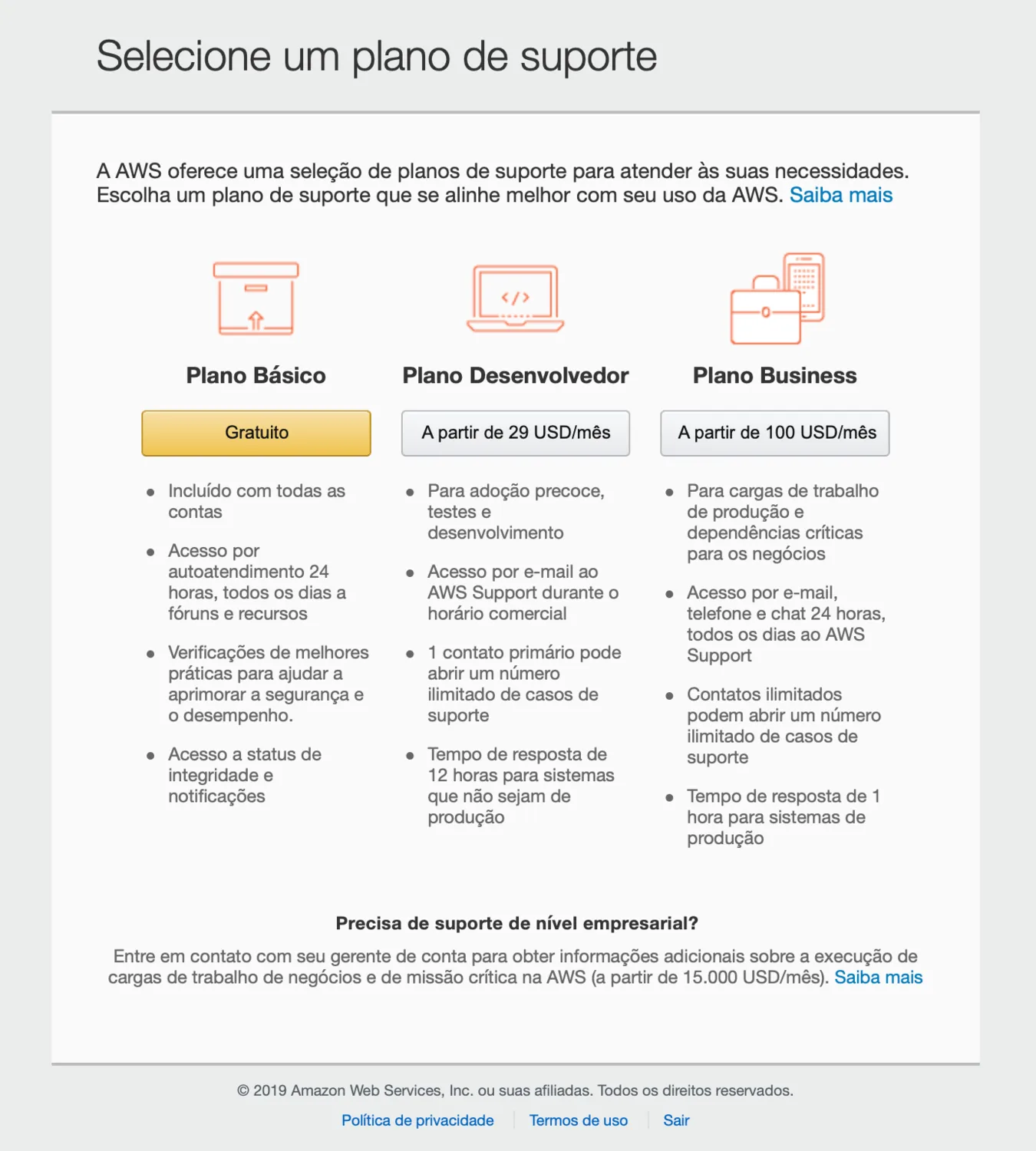 Seleção do plano de suporte AWS — Básico, Developer ou Business