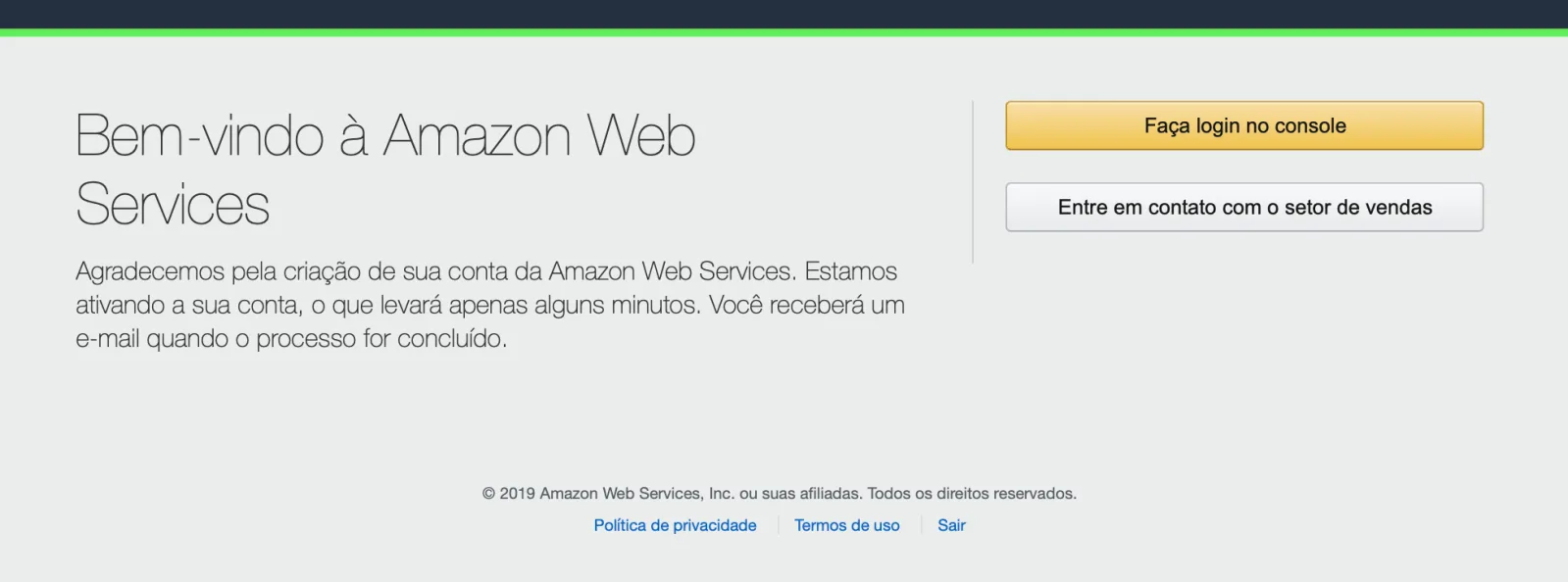 Tela de boas vindas da AWS com botão de login no console