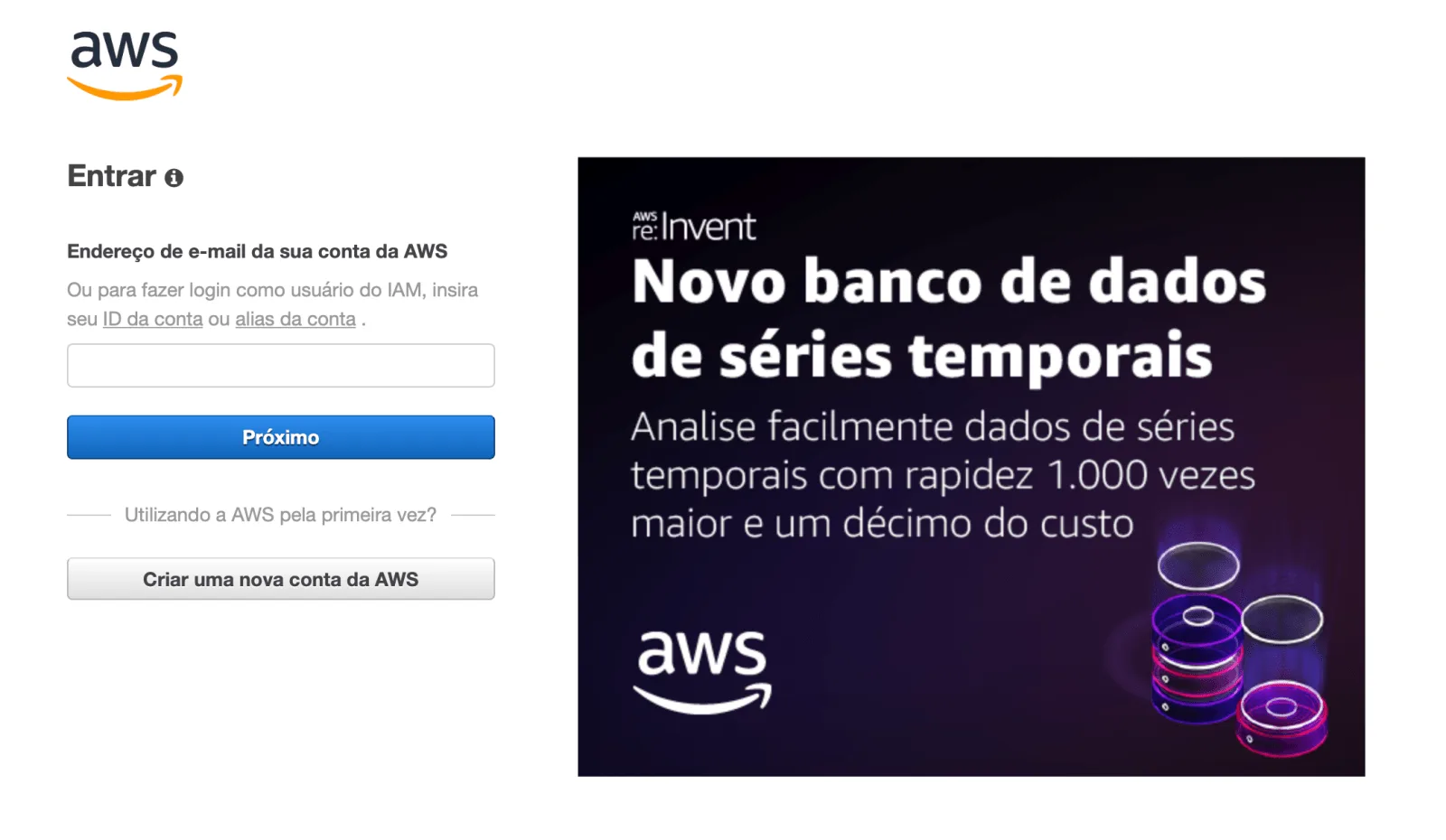 Tela de login da Console AWS