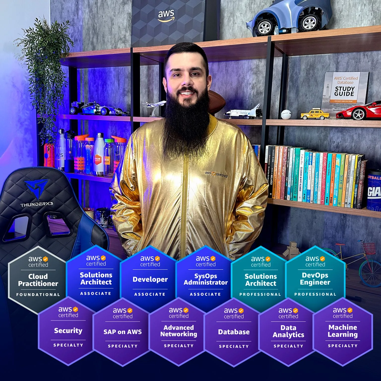 Dan Rezende com a Golden Jacket da AWS — todas as 12 certificações conquistadas