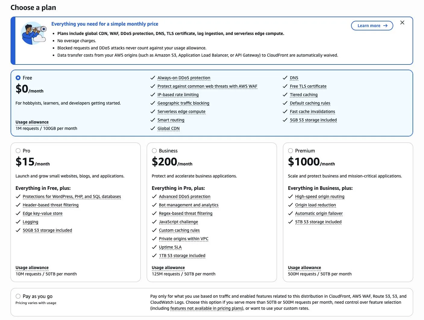 Painel do Amazon CloudFront mostrando os novos Flat-Rate Pricing Plans